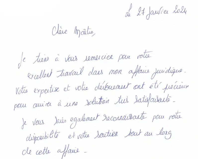 Lettre de remerciement d'une victime d'un accident de la circulation après avoir reçu son indemnisation
