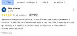 Avis 5 étoiles google victime accident de scooter qui remercie Me Chalus avocat en dommage corporel pour le résultat excellent